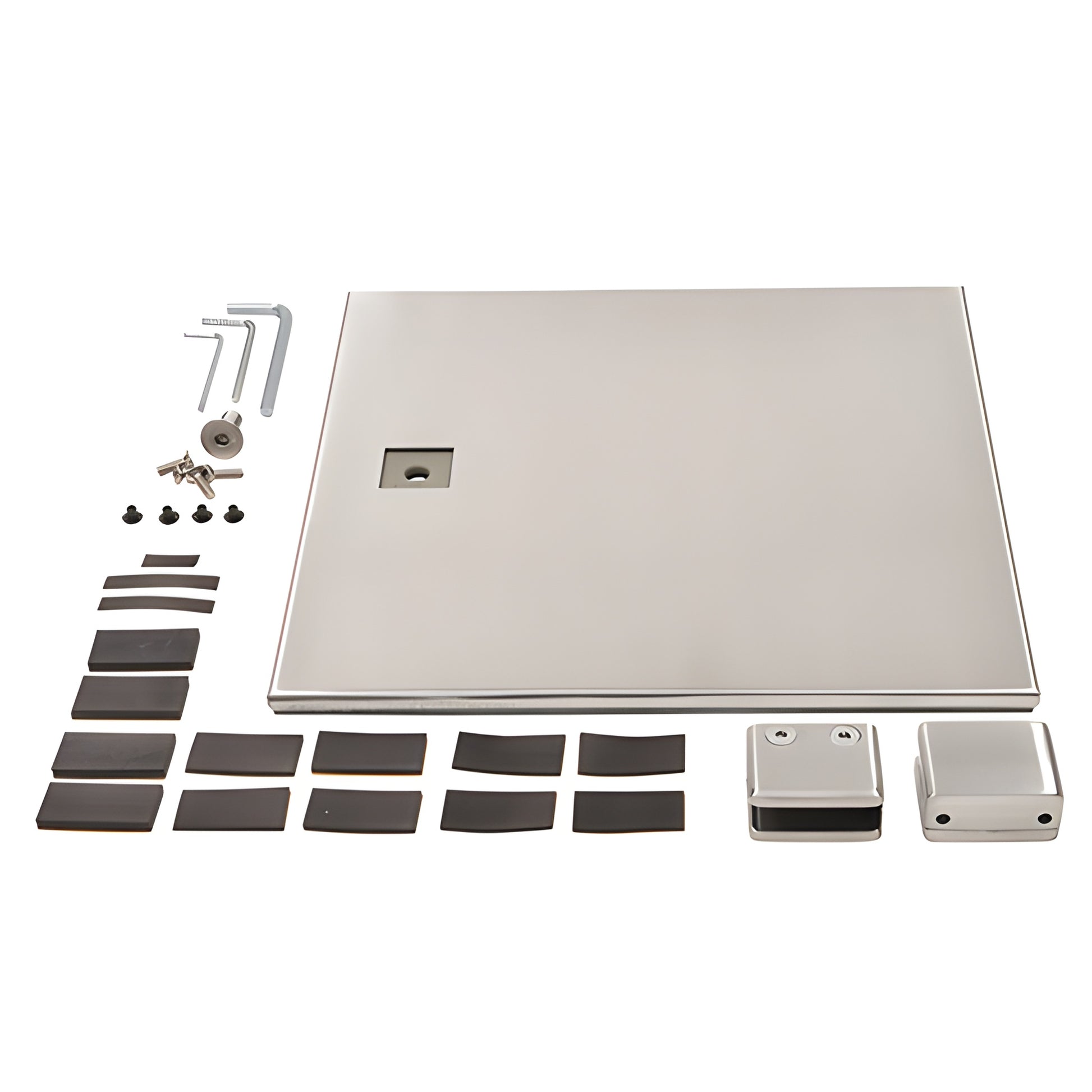 Brushed stainless steel freestanding end-left base kit with clamps, mounting hardware and pads for 1/4-3/8 in glazing