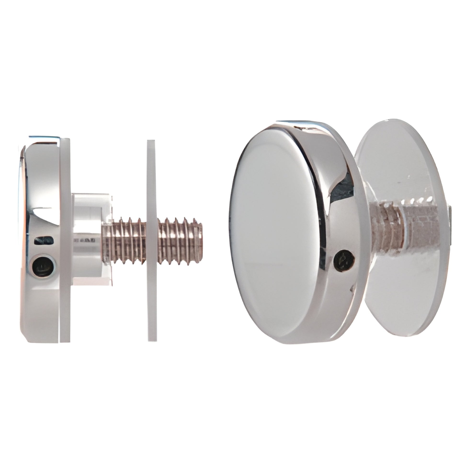 ACSC112PS 1-1/2" polished stainless steel standoff cap with 3/8-16 threaded stud, shown assembled and side view