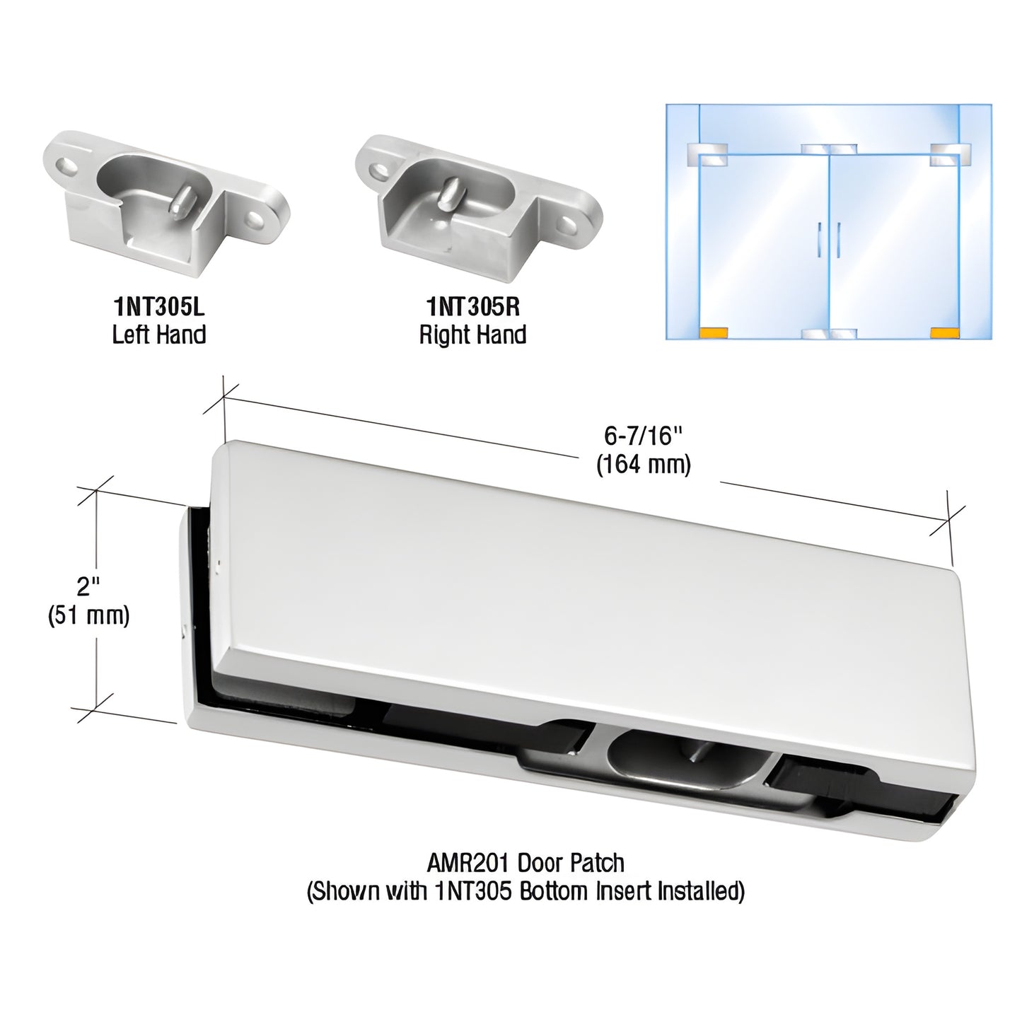 Satin anodized AMR201 bottom door patch PH11ELA for 3/8-1/2" tempered glass with 1NT305L left-hand insert.
