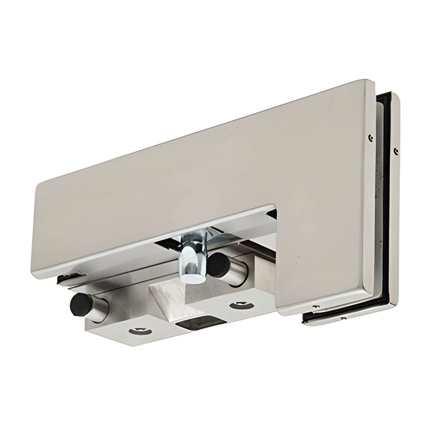 Brushed stainless steel PH40 patch fitting for 10-12mm tempered glass doors, right-hand sidelite mount.