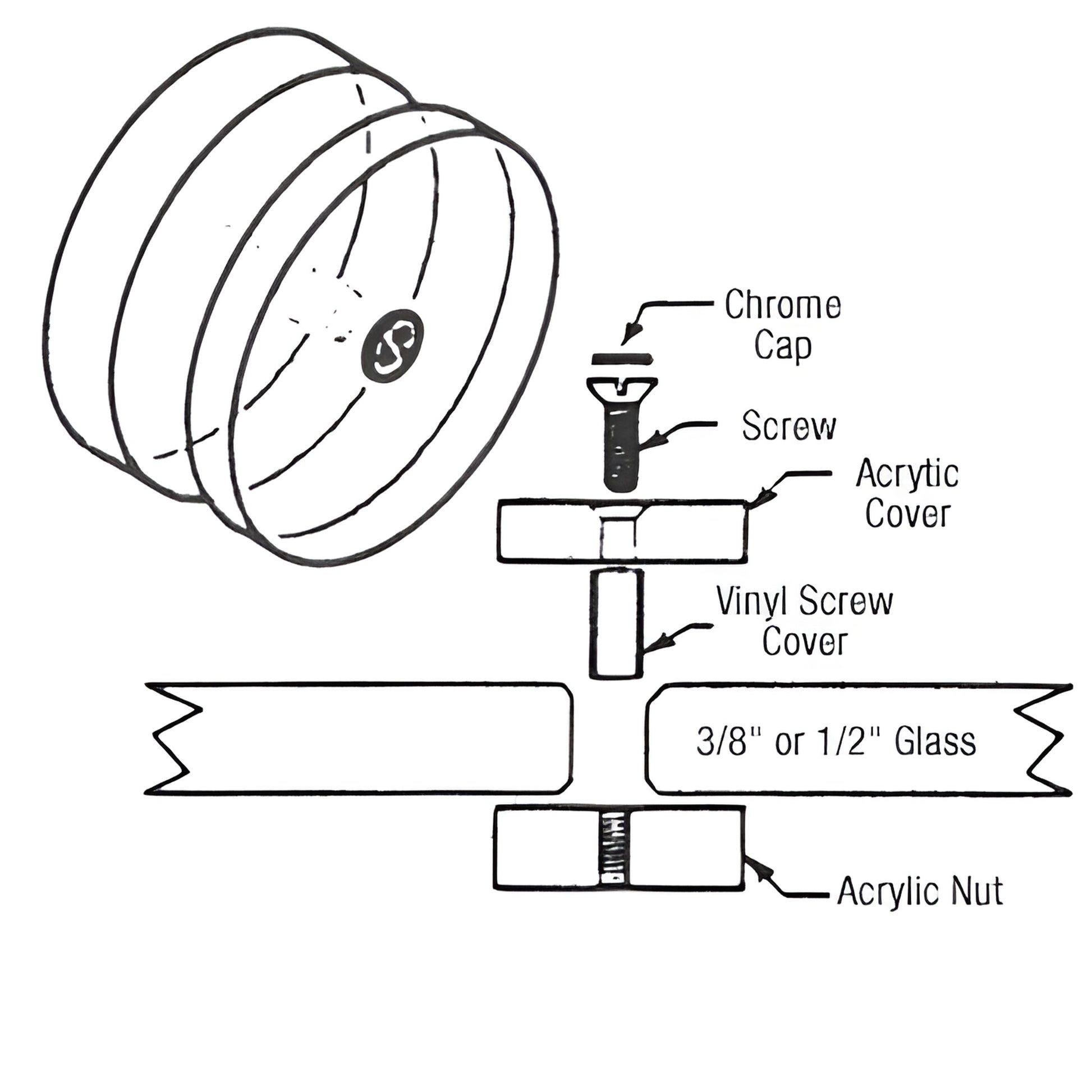 Clear acrylic round mall glass clamp for 3/8-1/2" glass with chrome screw caps - SKU 2000181