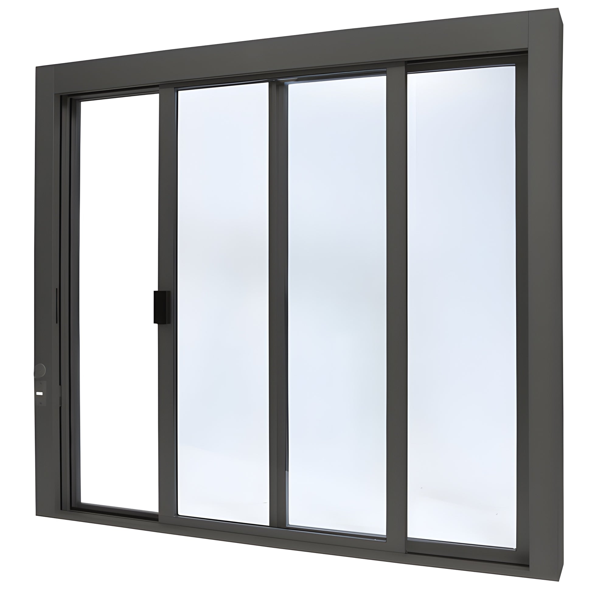 Bronze anodized aluminum self-closing sliding service window (XO), 471 2 433 4, 1/4" tempered glass, thumbturn lock. SKU SCDW4844