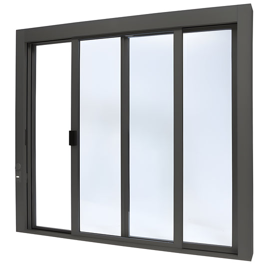 Bronze anodized aluminum self-closing sliding service window (XO), 471 2 433 4, 1/4" tempered glass, thumbturn lock. SKU SCDW4844