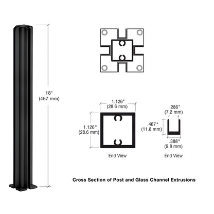 CRL Design Series 4-way aluminum partition post, semi-gloss black, 18 in, glazing channels - SKU D990BL184W