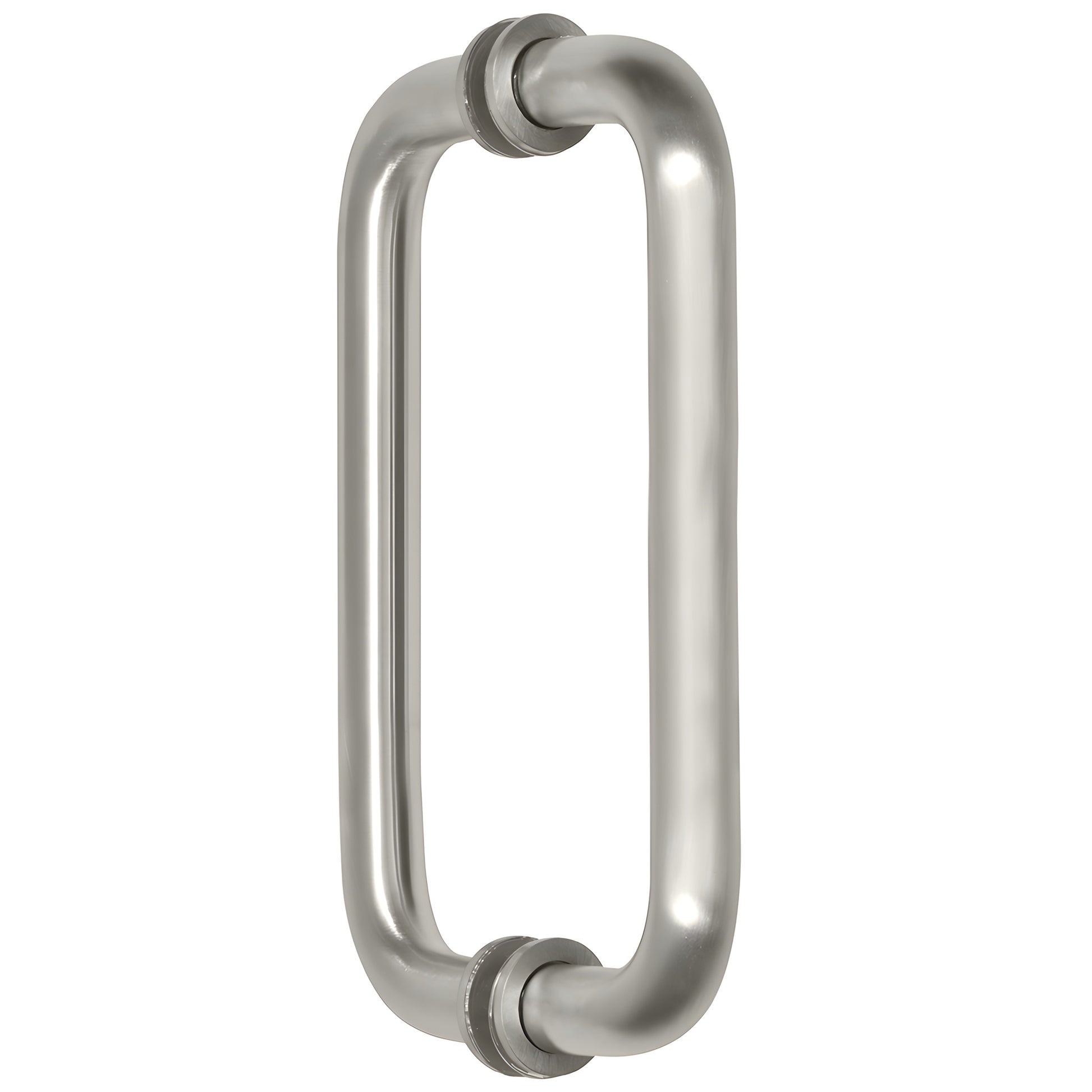 BM8X8SN satin nickel back-to-back tubular glass door pull, 3/4" brass tube, 8" c-c, decorative metal washers