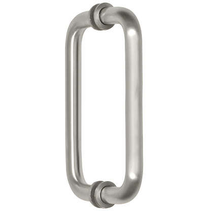 BM8X8SN satin nickel back-to-back tubular glass door pull, 3/4" brass tube, 8" c-c, decorative metal washers