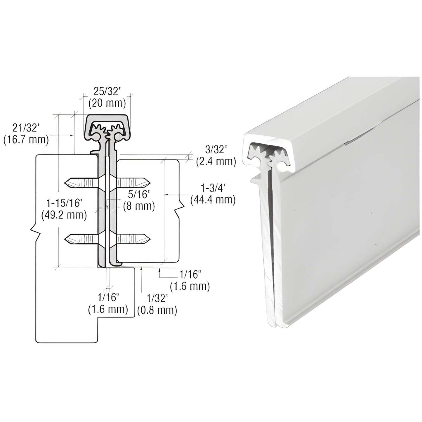Roton concealed leaf hinge extrusion, satin anodized aluminum, cross-section diagram and 1-3/4in profile, SKU 22483A