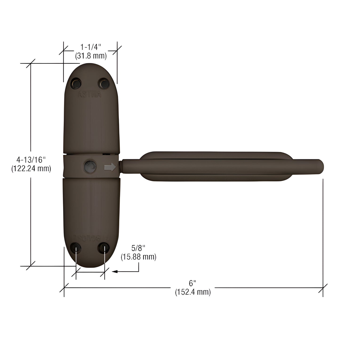Brown die cast CRL KC18USA adjustable jamb mount door closer, 4 13/16" body and 6" arm, dimensions shown.