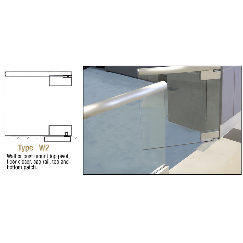 Glass swinging gate with 2 in brushed stainless cap rail, floor closer and top pivot (SKU SGW2BS20PC)