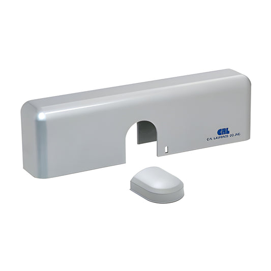 Aluminum slip-on door closer body cover (SKU DC5CVRA) with arched cutout and separate end cap, CRL logo.