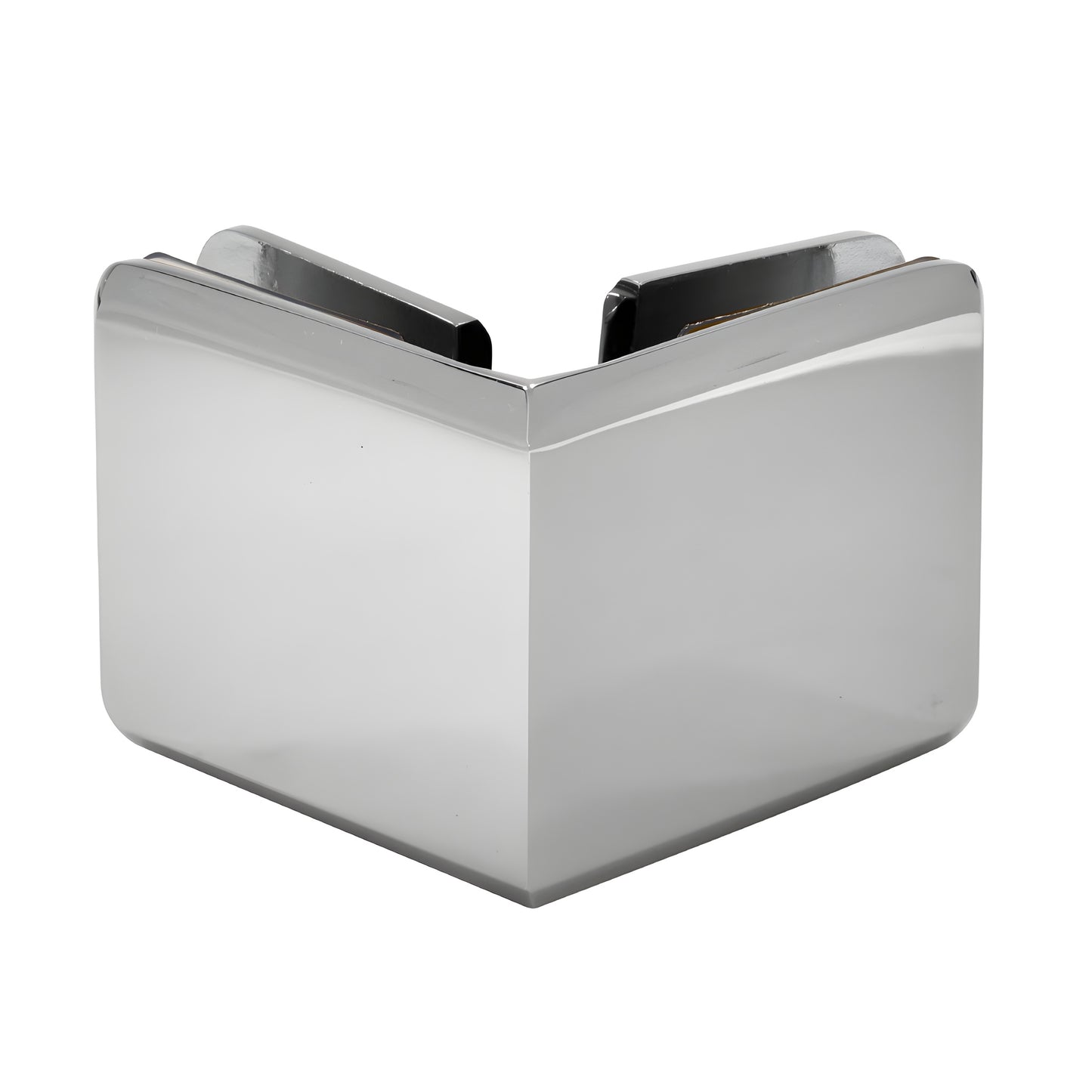 Polished chrome beveled 90 glass-to-glass clamp (BGC90CH) for 3/8-1/2 tempered glass, solid brass.