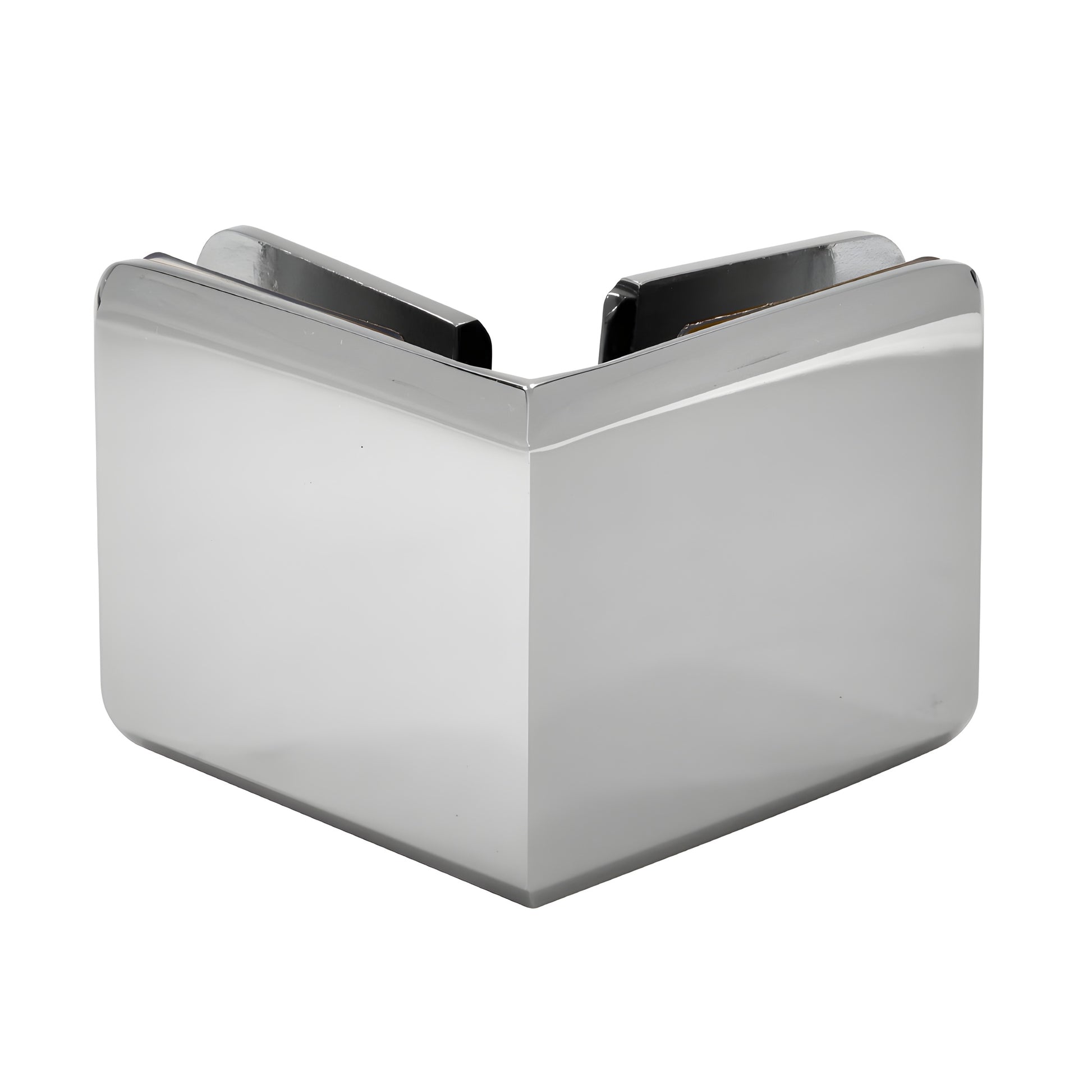 Polished chrome beveled 90 glass-to-glass clamp (BGC90CH) for 3/8-1/2 tempered glass, solid brass.