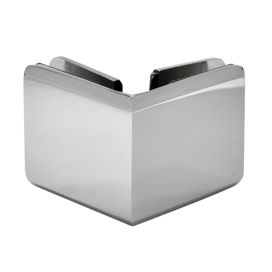 Polished chrome beveled 90 glass-to-glass clamp (BGC90CH) for 3/8-1/2 tempered glass, solid brass.