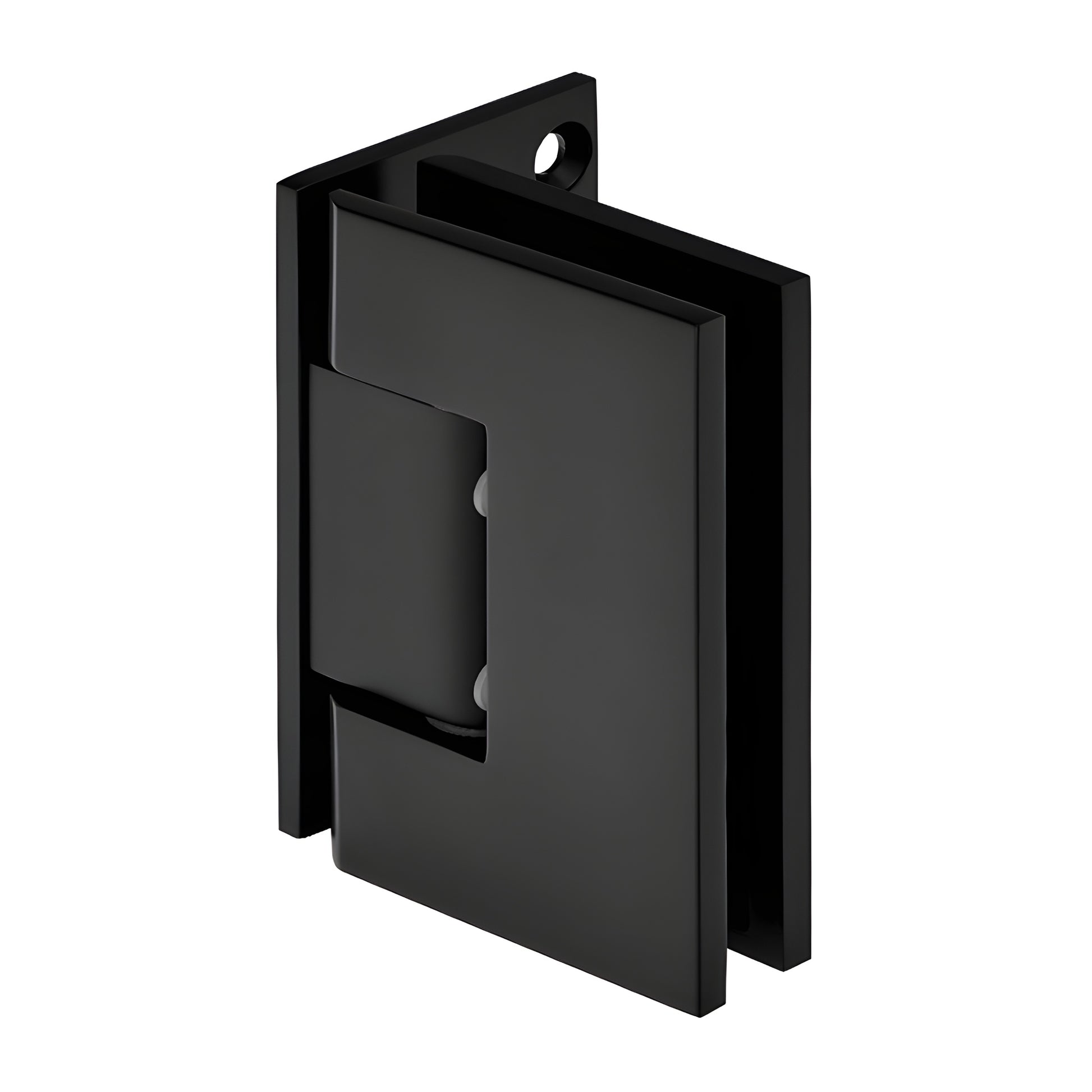 Matte black solid brass frameless shower door hinge (Melbourne MEL044MBL), wall-mount, self-centering, fits 8-12mm glass