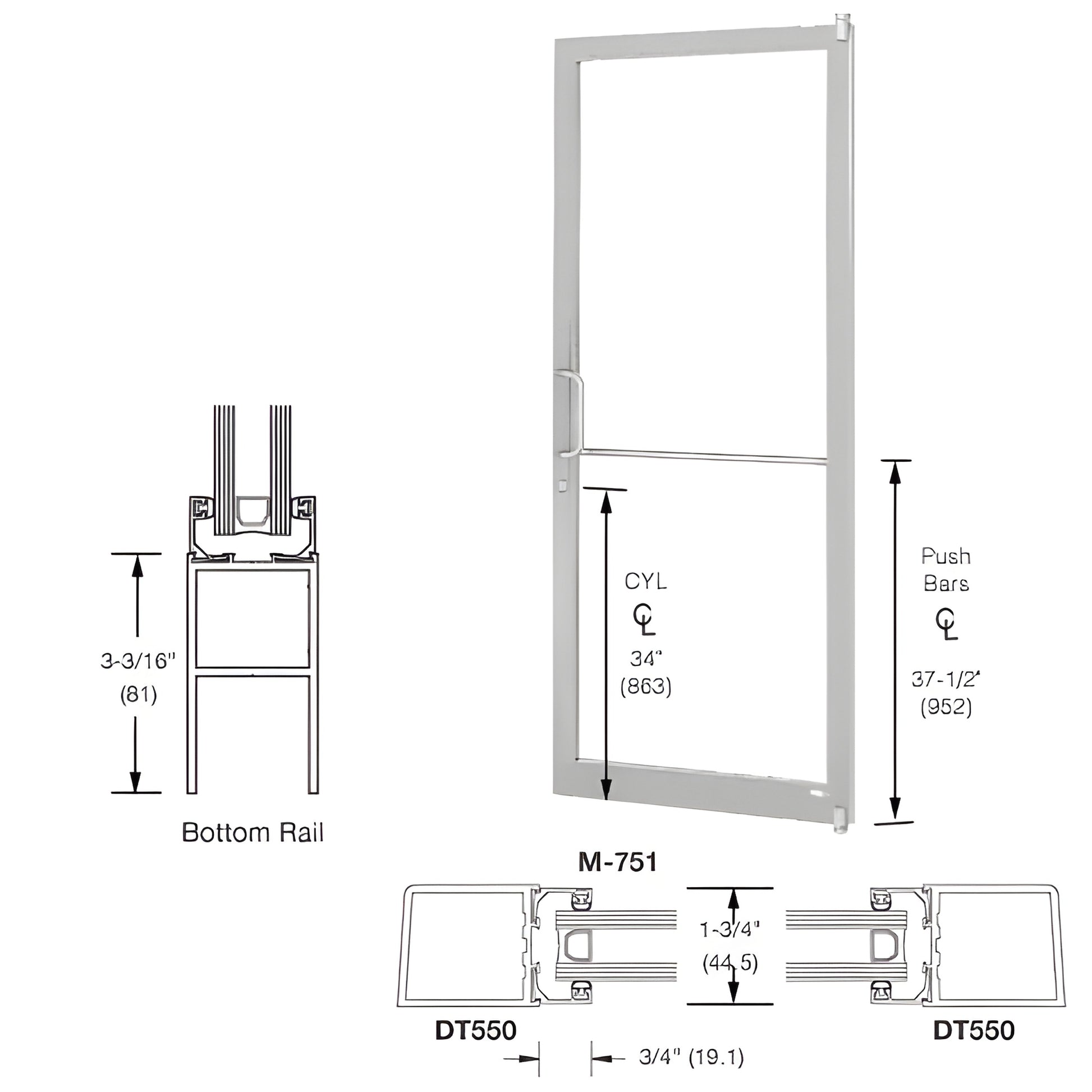 LE21211L036 36x84 clear-anodized narrow stile aluminum offset-pivot entrance door, accepts 1" tempered glass