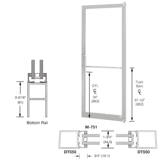 LE21211L036 36x84 clear-anodized narrow stile aluminum offset-pivot entrance door, accepts 1" tempered glass