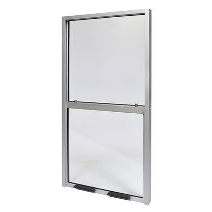 V1530NS satin-anodized aluminum fixed-top, sliding-lower sash window (15x30 in) with 1/4" tempered glass.