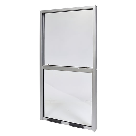 V1530NS satin-anodized aluminum fixed-top, sliding-lower sash window (15x30 in) with 1/4" tempered glass.