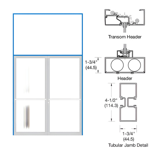 White Kynar 6063 T5 aluminum storefront door with transom, header and tubular jamb detail, dimensions shown.