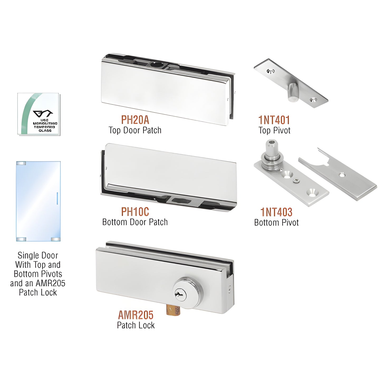 PHA1LA single glass patch kit: satin anodized top/bottom patches, pivots and AMR205 lock for 3/8-1/2" glass