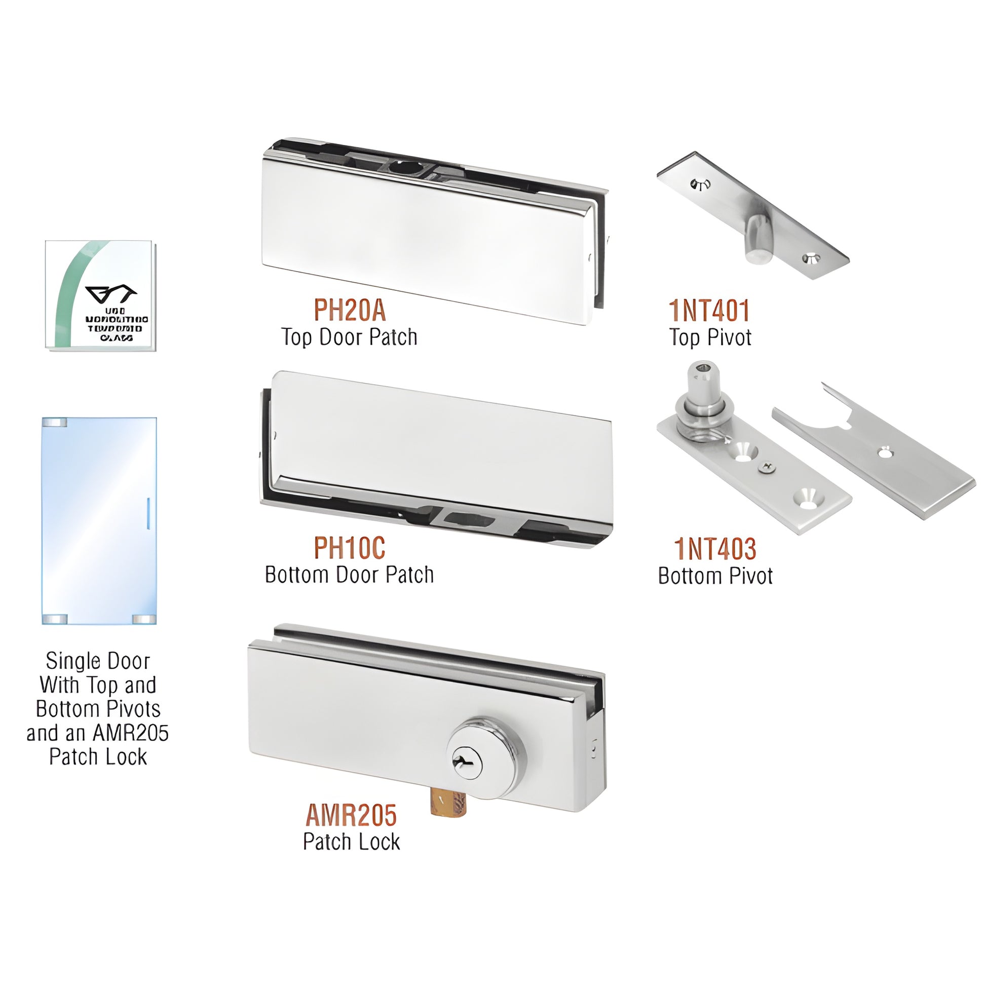 PHA1LA single glass patch kit: satin anodized top/bottom patches, pivots and AMR205 lock for 3/8-1/2" glass