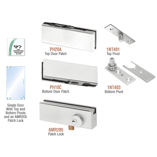 PHA1LA single glass patch kit: satin anodized top/bottom patches, pivots and AMR205 lock for 3/8-1/2" glass
