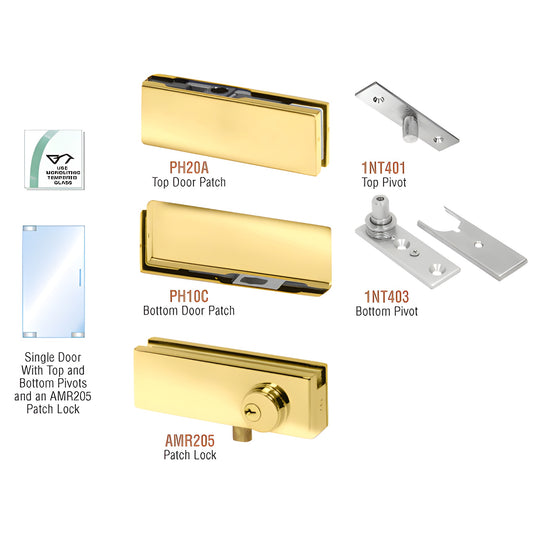 PHA1LBR polished brass patch door kit: top and bottom patches, pivots and optional AMR205 lock for 3/8-1/2" glass.