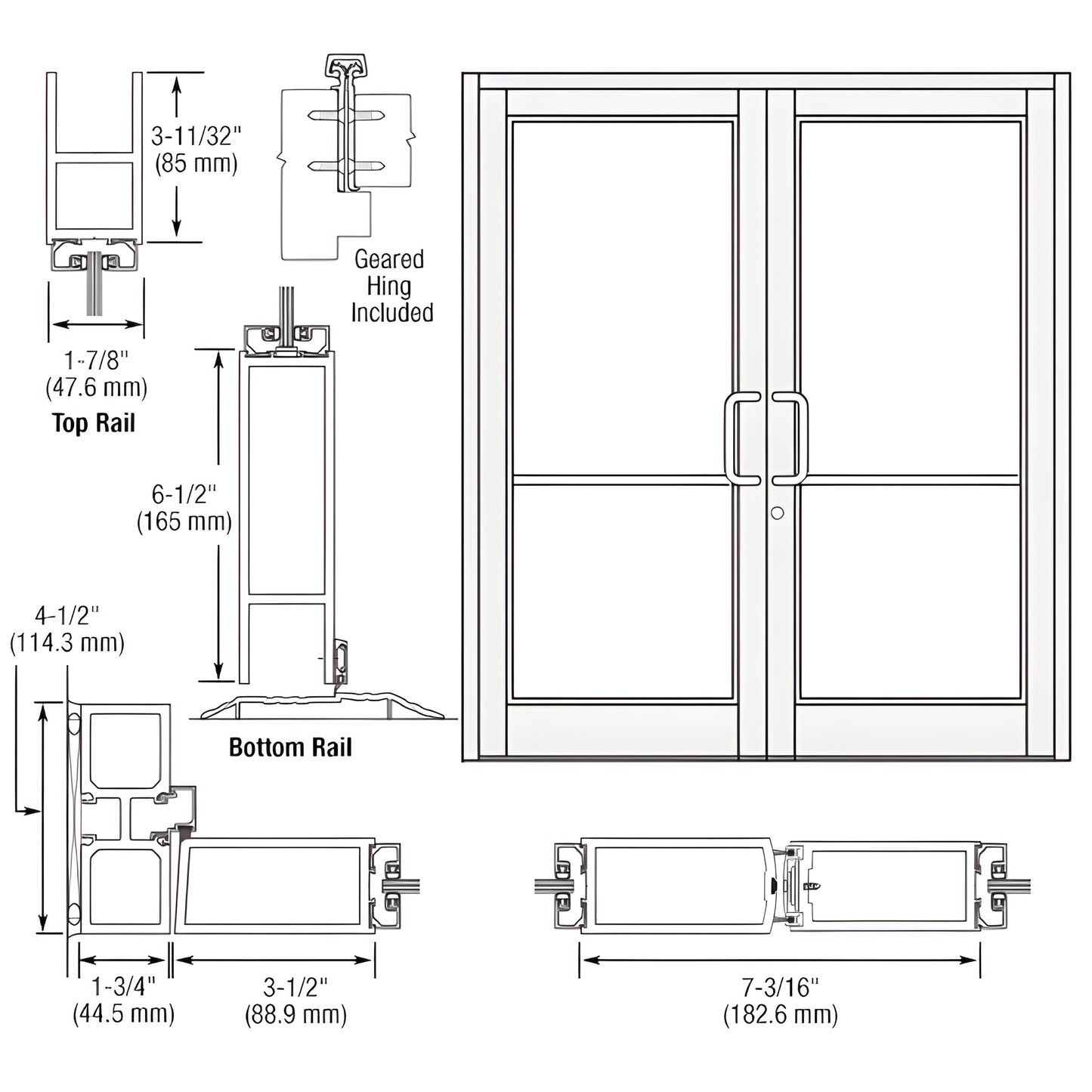 DC82852 white Kynar Durafront MS double commercial entrance door technical drawing with rails and hardware.