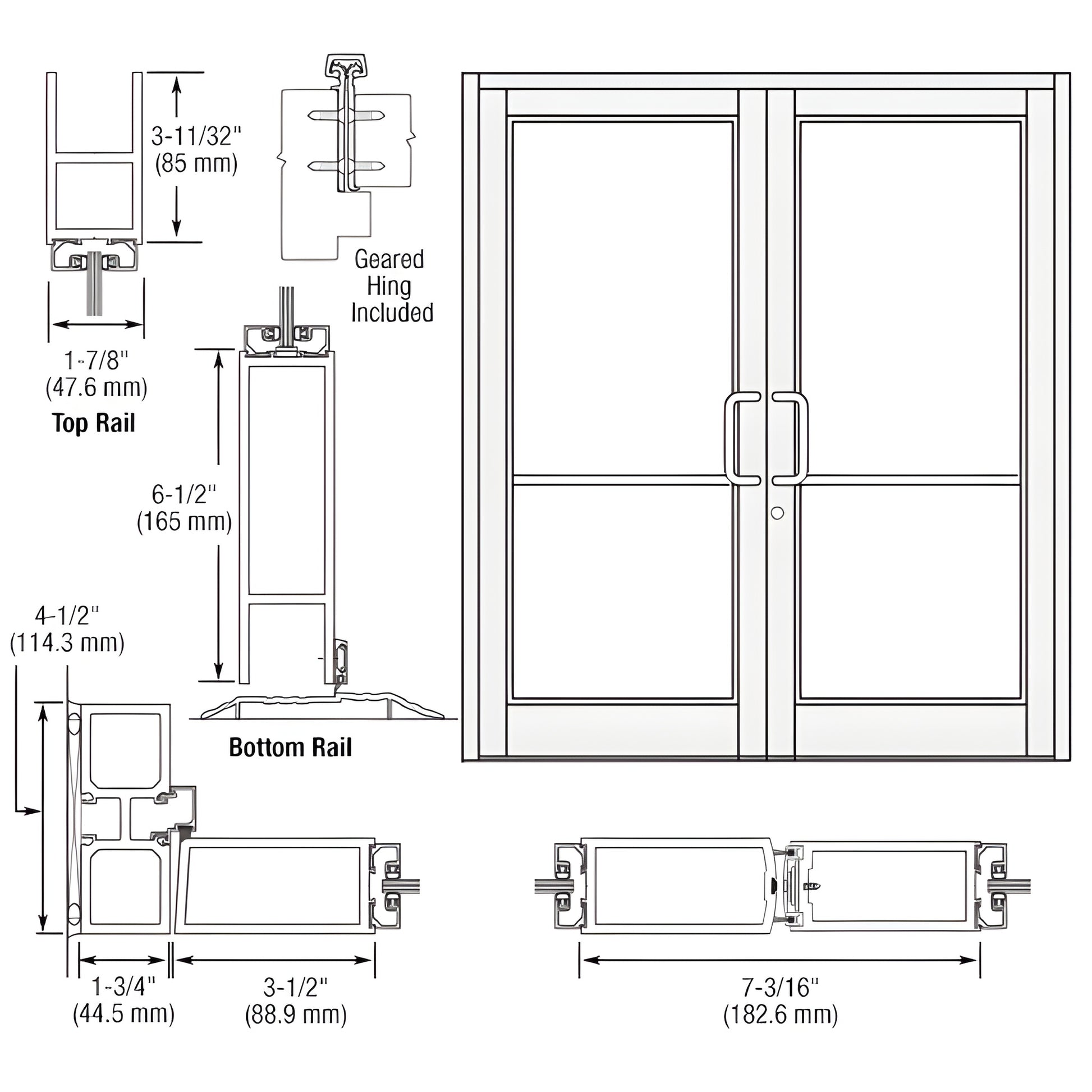 DC82852 white Kynar Durafront MS double commercial entrance door technical drawing with rails and hardware.