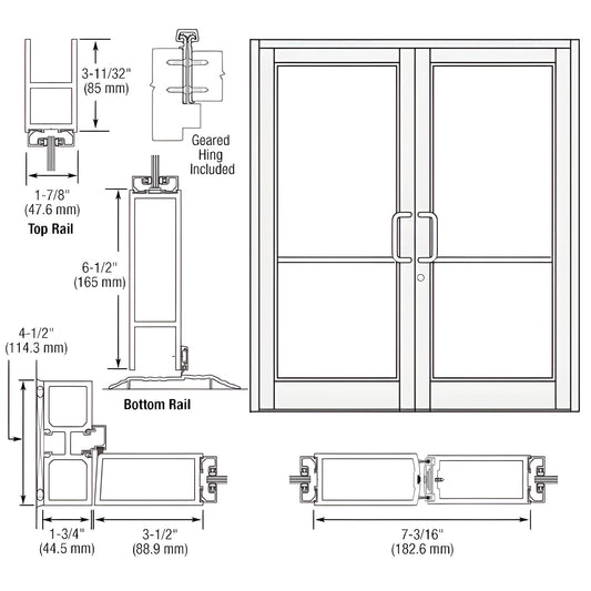 DC82852 white Kynar Durafront MS double commercial entrance door technical drawing with rails and hardware.