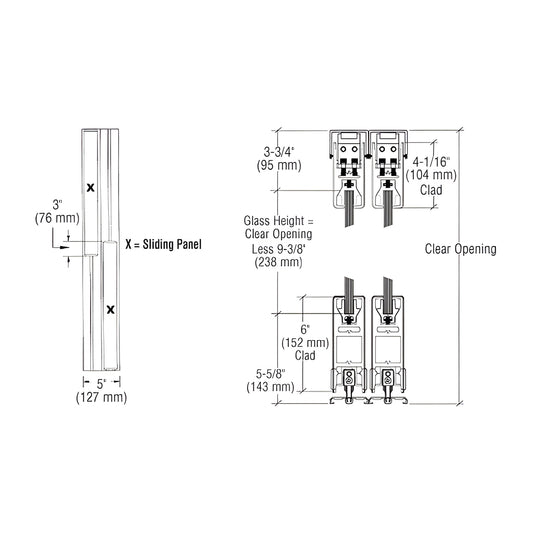Technical drawing of CRL SDR bottom-rolling sliding door system (SKU 6SDR2BBL) showing rails, rollers and dimensions.