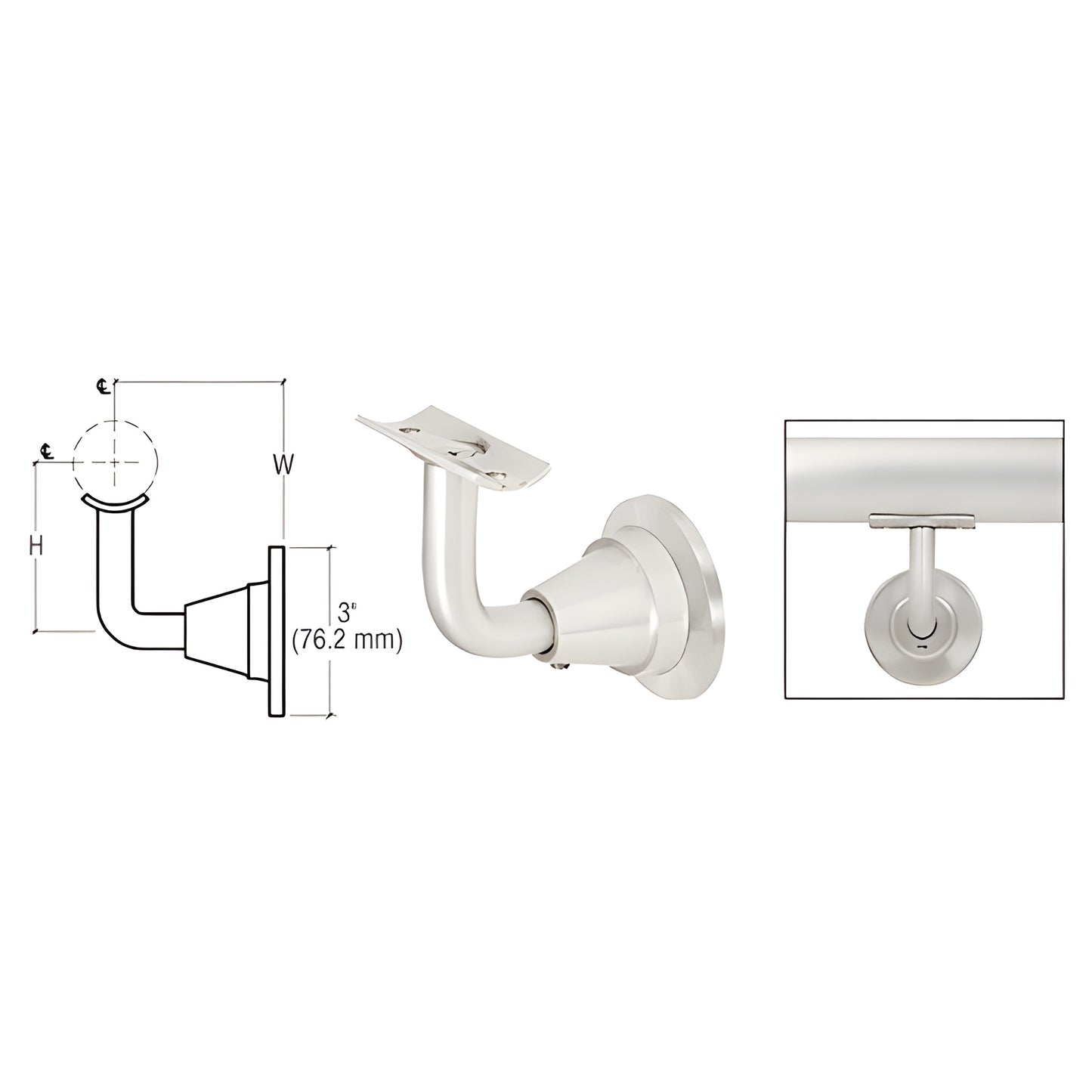 Adjustable wall-mounted handrail bracket (mill aluminum) for 11 2-2 tubing, 3-way adjustable, SKU HR2DWMA