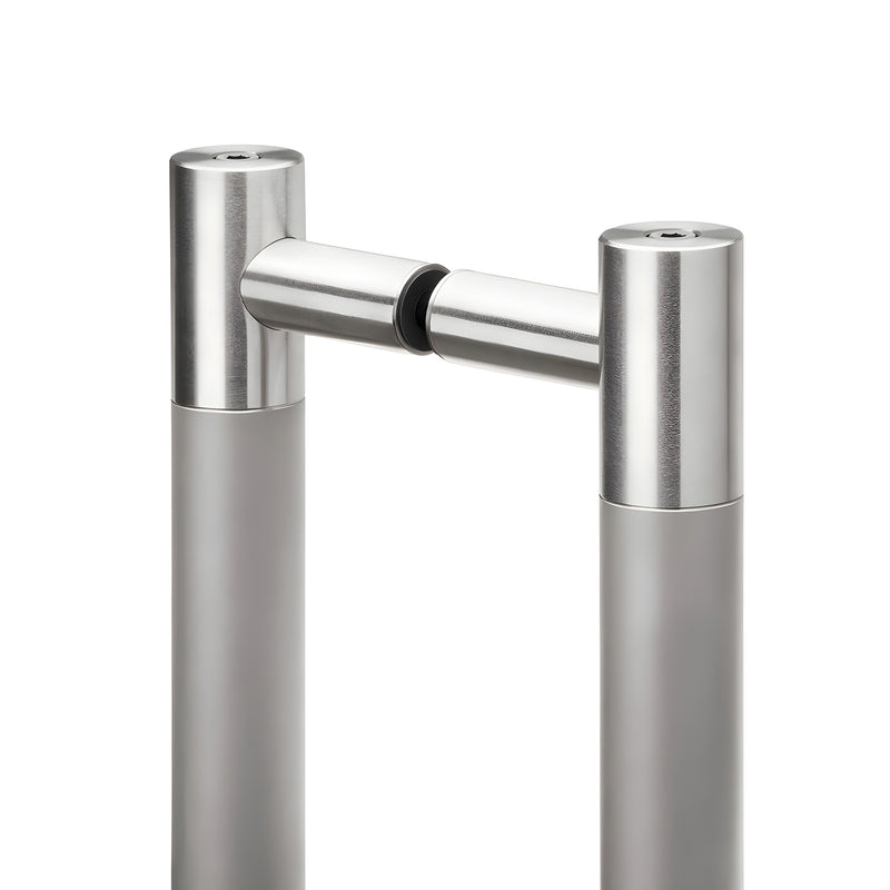 LAT34LP48BS brushed stainless double-sided 48in door pull, tubular design with 2-3/4in rosettes for 3/8-1/2in glass
