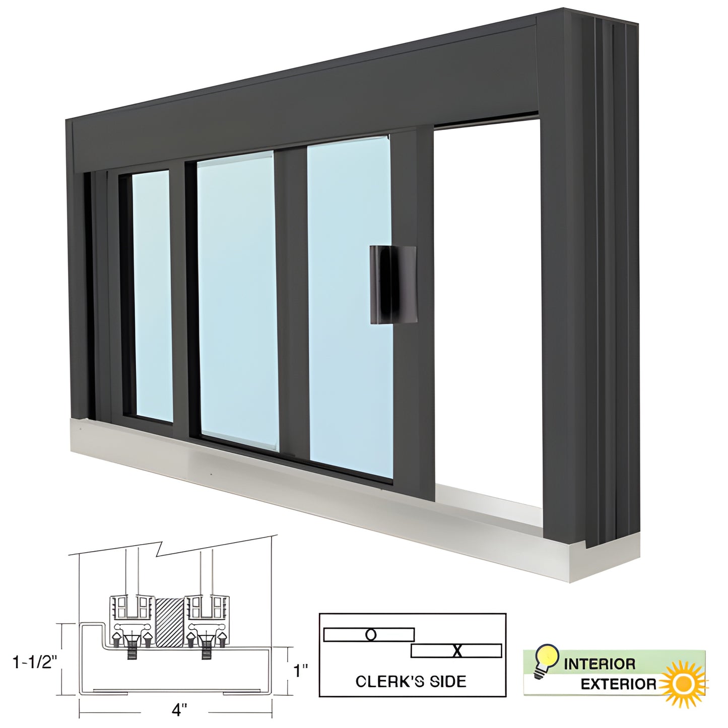 Deluxe 47-1/2"x35-3/4" Duranodic Bronze aluminum sliding service window with 1/4" tempered glass and self-latching handle.