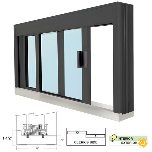 Deluxe 47-1/2"x35-3/4" Duranodic Bronze aluminum sliding service window with 1/4" tempered glass and self-latching handle.