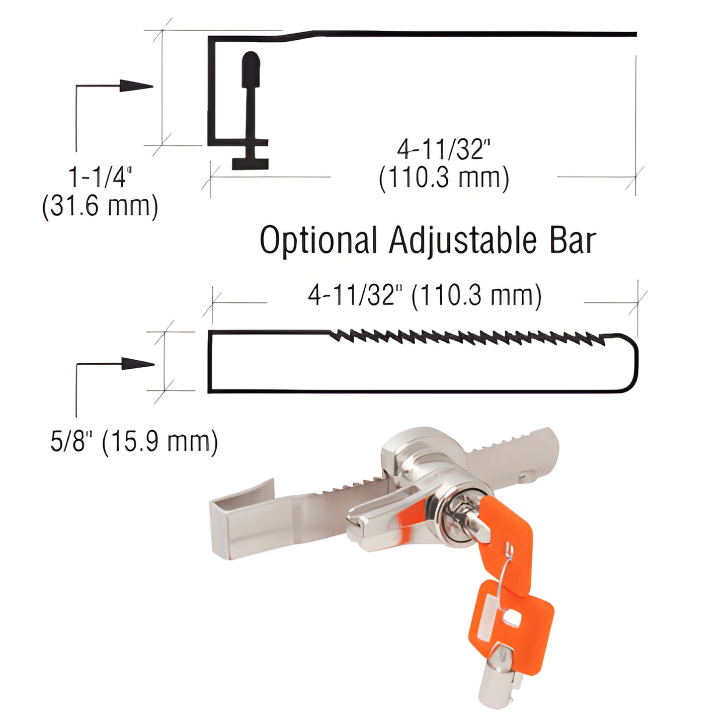 KML48AB polished nickel sliding glass door top security lock with adjustable 48" bar and orange key fob.