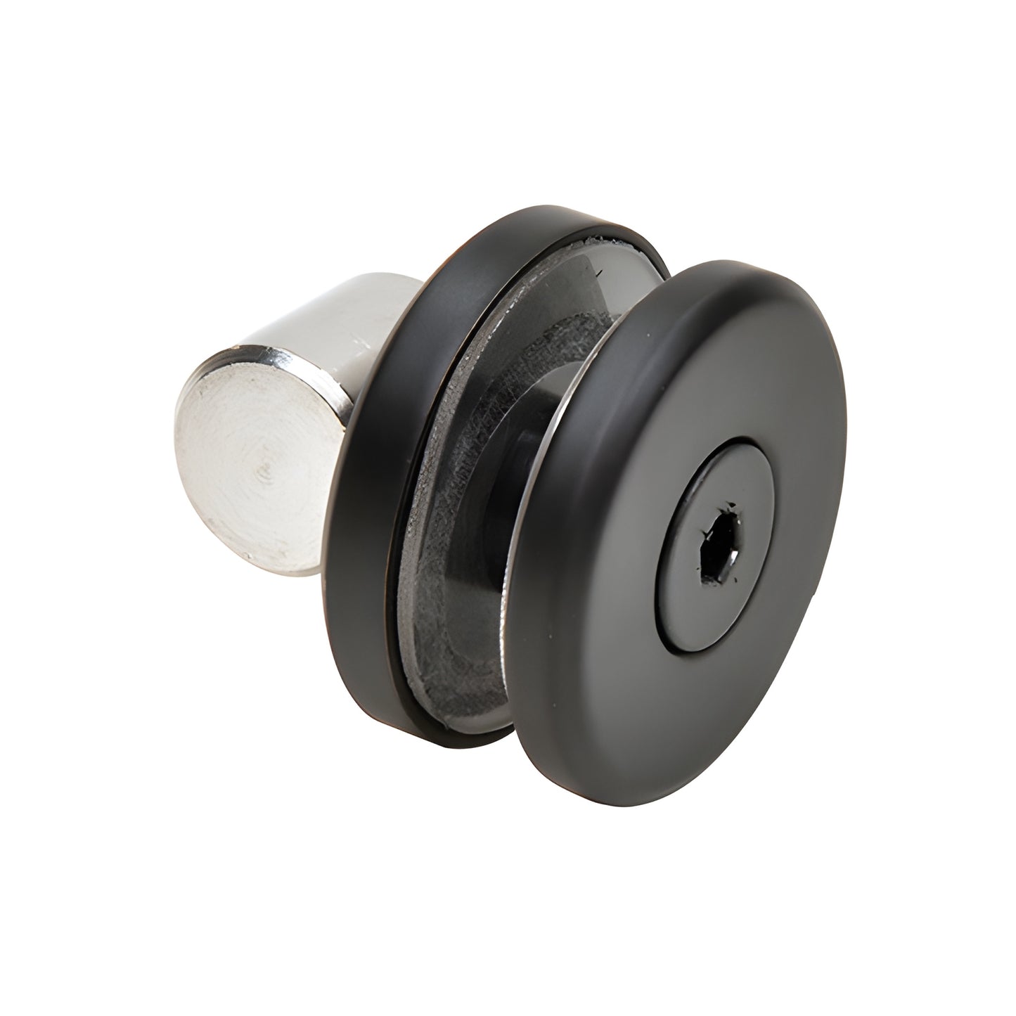 Matte black stainless steel roller and fittings for Colonia 180 sliding shower door replacement kit, SKU CREF1MBL