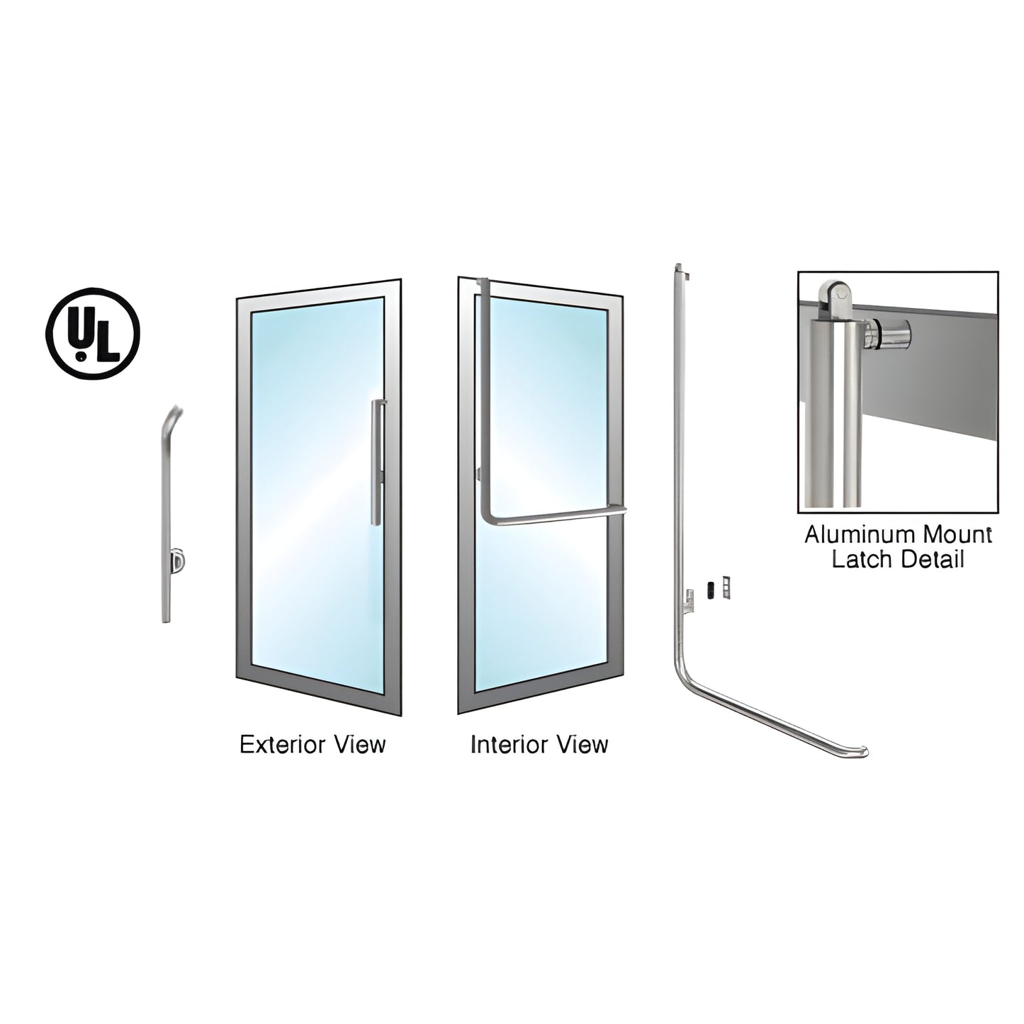 PA100G4AKBS brushed stainless tubular panic handle for 1/2-3/4 tempered glass doors, interior push bar with aluminum mount