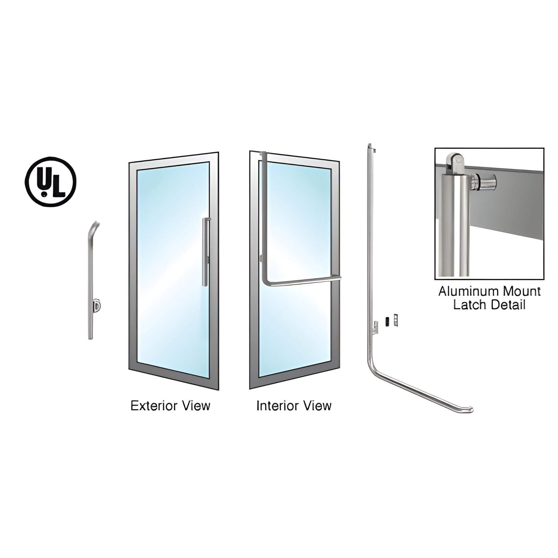PA100G4AKBS brushed stainless tubular panic handle for 1/2-3/4 tempered glass doors, interior push bar with aluminum mount