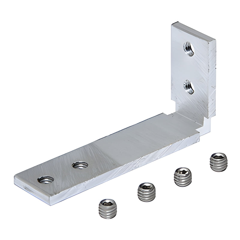 Aluminum L-shaped top frame connector with four set screws, for 12mm glass partitions (SKU: FFCCL)