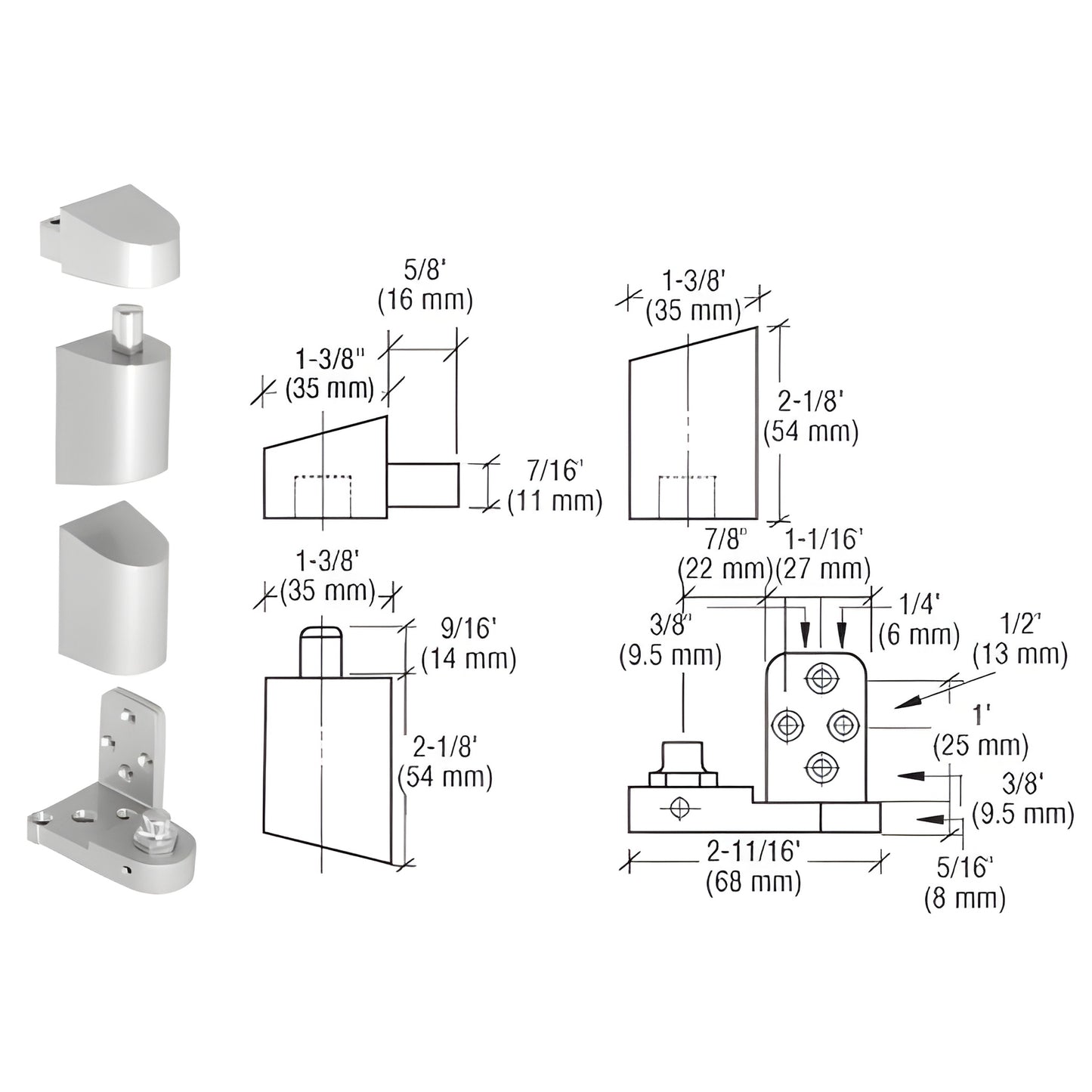 Aluminum offset pivot set (left-hand) showing exploded parts and detailed dimensioned technical drawing, SKU 0P34LHA.