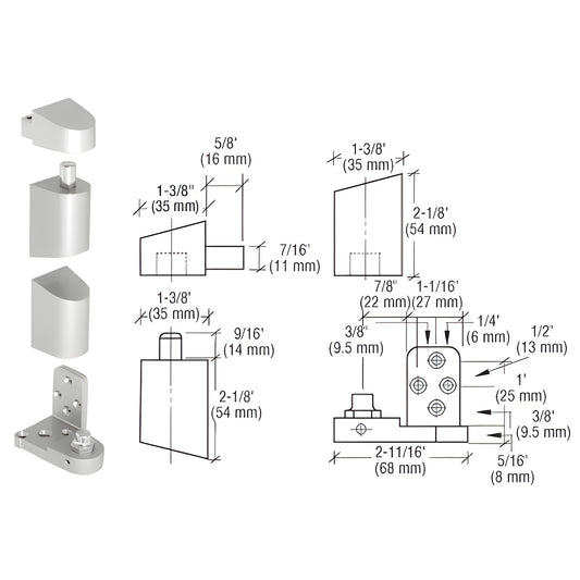 Aluminum offset pivot set (left-hand) showing exploded parts and detailed dimensioned technical drawing, SKU 0P34LHA.
