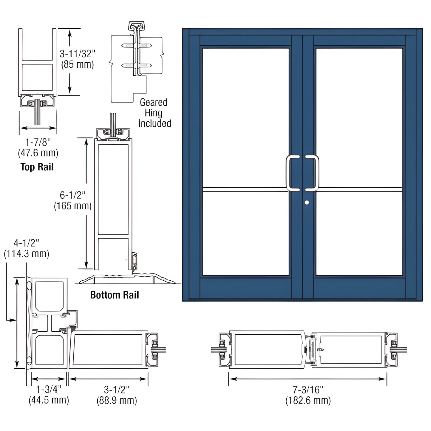 DC82871: blue Custom Durafront MS double entry door with glass panels, center pivot-ready stiles and dimension callouts.