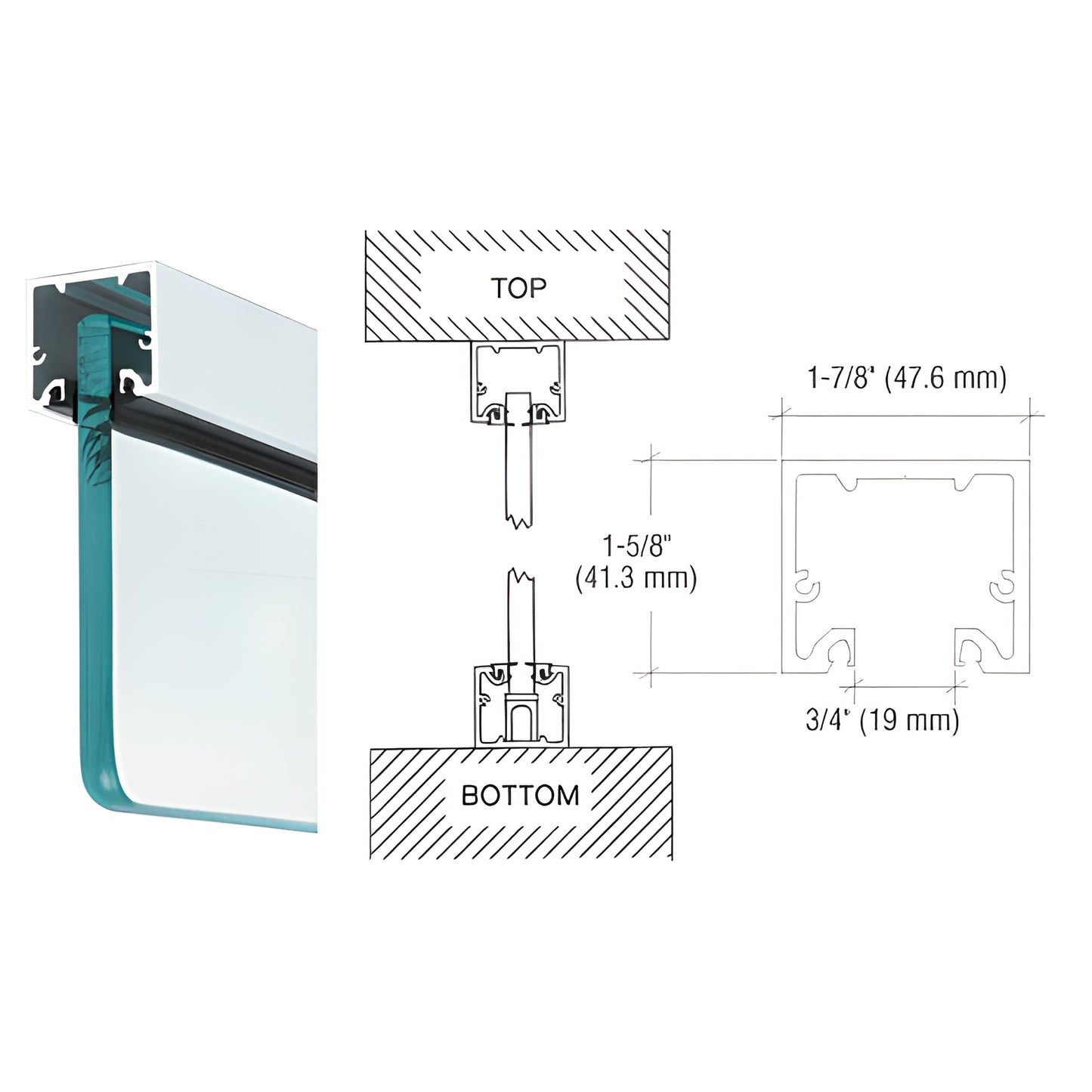 NH2SA240 satin anodized narrow aluminum header/U-channel for 3/8-1/2" glass, profile drawing and sample install.