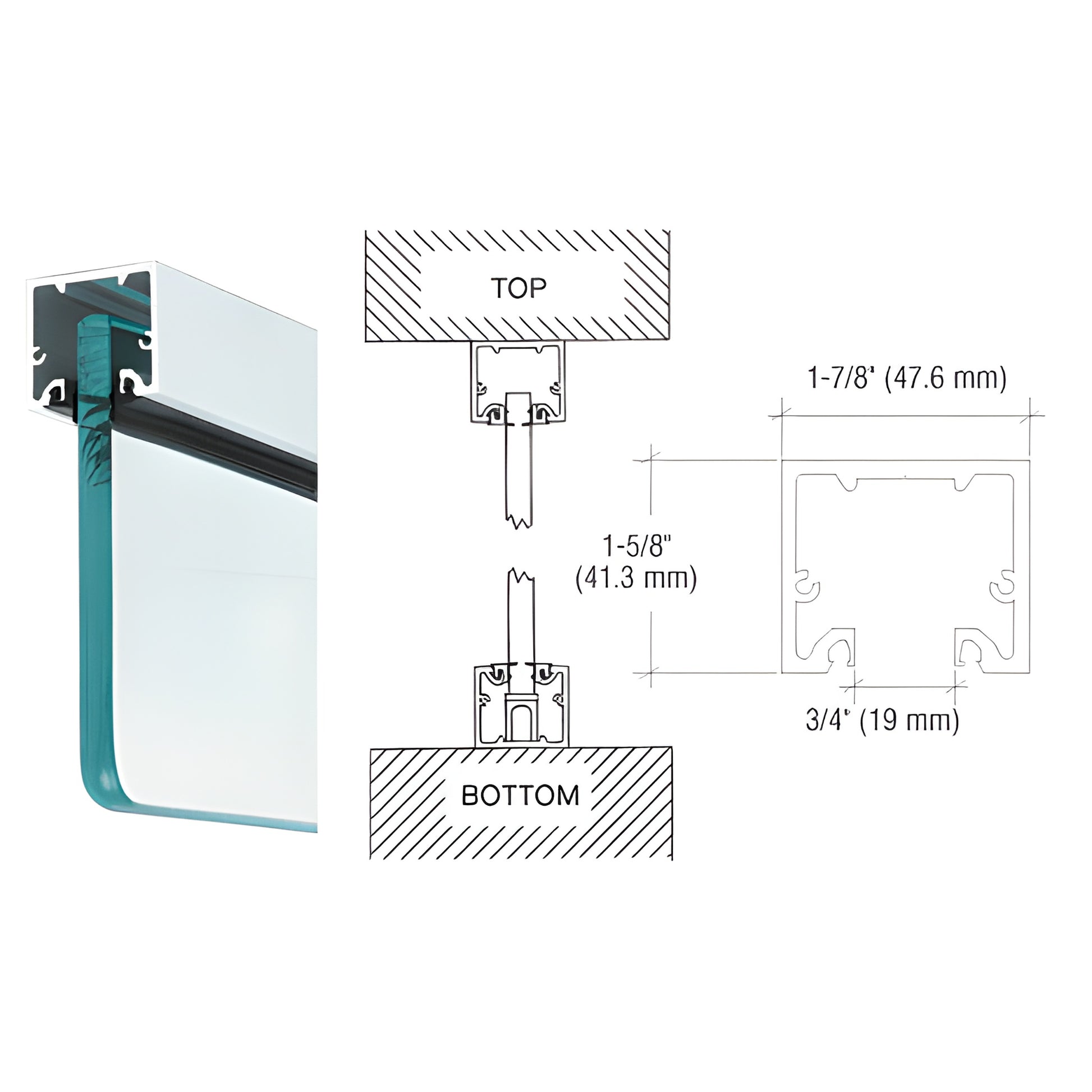 NH2SA240 satin anodized narrow aluminum header/U-channel for 3/8-1/2" glass, profile drawing and sample install.