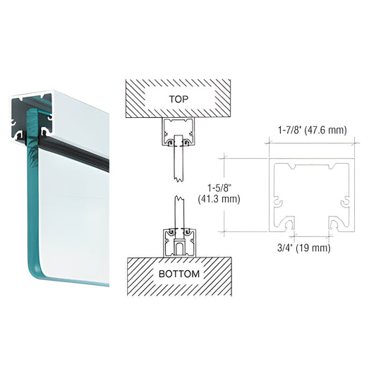 NH2SA240 satin anodized narrow aluminum header/U-channel for 3/8-1/2" glass, profile drawing and sample install.