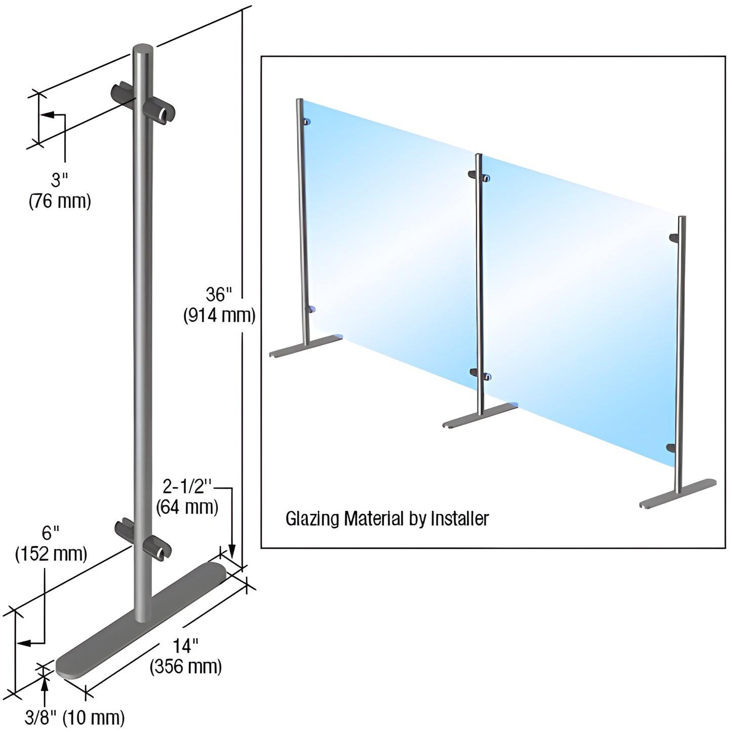 PP36C portable stainless steel center-post partition, 36 in tall freestanding base with glazing clamps for 1/4-3/8 in panels