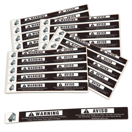 Stack of black-and-white bilingual screen frame warning label strips (English/Spanish), 4.5 0.5 in adhesive warnings