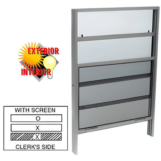 Aluminum satin-anodized vertical sliding service window V2436 - fixed top, sliding lower sash, includes sliding screen.