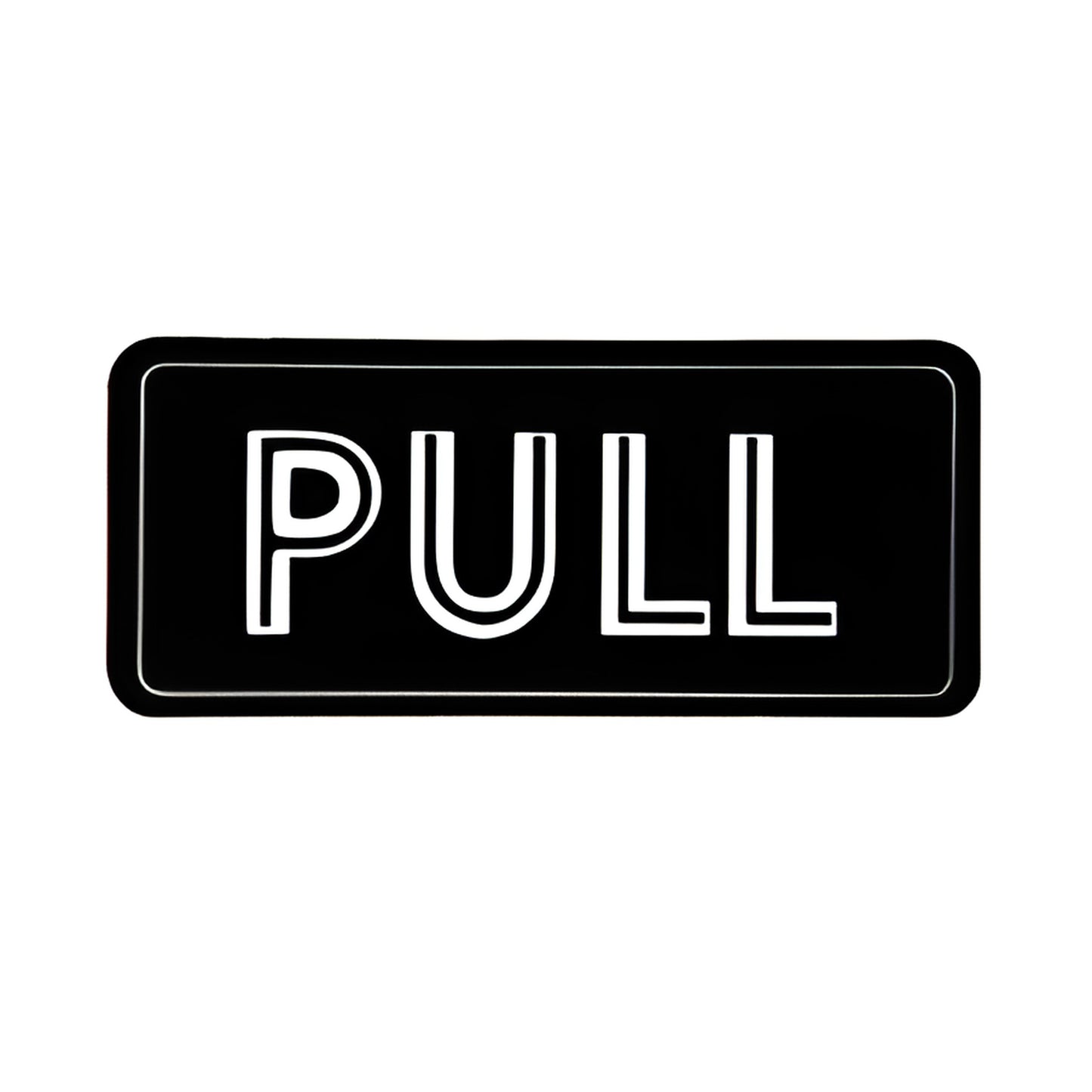 Black rectangular mylar "PULL" decal with white outlined letters, 4-1/4" x 1-7/8" (SKU 567HA)
